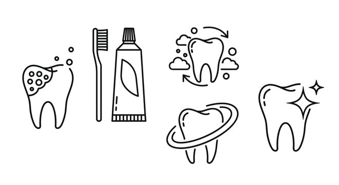 dental health care icons illustrating tooth decay brushing protection and sparkling clean teeth for oral hygiene concepts