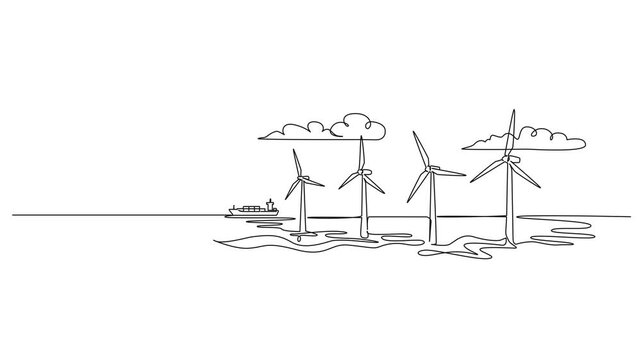 animated continuous line drawing of offshore wind farm, line art animation