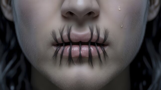 Close-up of a woman's mouth with black threads sewn shut, symbolizing silence, censorship, and emotional pain with a tear on her cheek