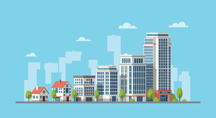 Obraz premium Urban development and architectural progress represented by a sequence of buildings growing into a modern city skyline.