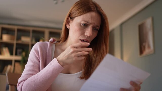 Stressed woman reading bad news in a letter at home