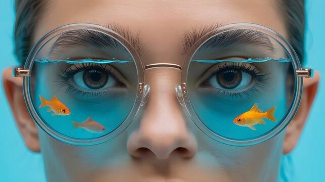 Close-up of a woman's eyes behind round glasses with water and two goldfish swimming inside, creating a surreal and imaginative visual on a blue background