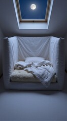 Fototapeta premium Upholstered reading chair with rumpled bedding under moonlit skylight