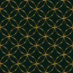 Seamless luxury pattern of overlapping golden circles forming a repeating geometric grid on a rich dark green background.  © paultarasenko
