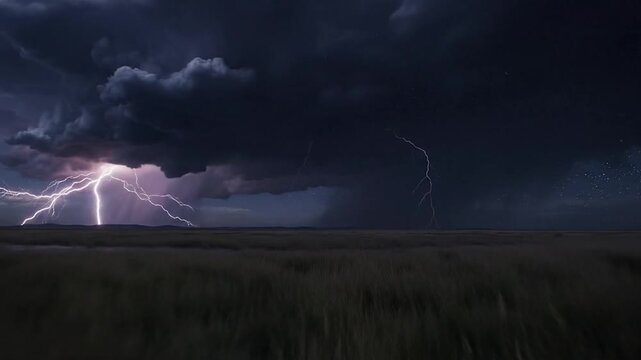 Dramatic Lightning Storm Over a Grassy Field at Dusk.