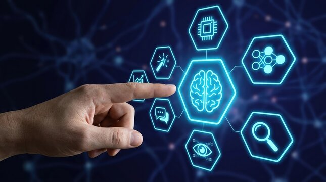 Artificial intelligence, machine learning, neural network, digital brain, futuristic technology, human interaction, data processing with glowing blue hexagonal icons for advanced analytics.