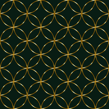 Seamless luxury pattern of overlapping golden circles forming a repeating geometric grid on a rich dark green background. 