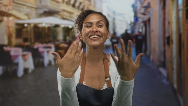 Woman in denim apron points finger to camera at outdoor restaurant terrace while smiling and gesturing warmly; friendly welcome.
