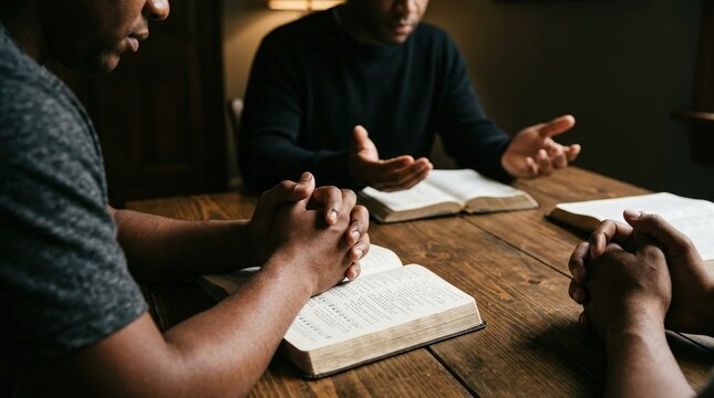 communal faith, prayer, bible, devotion, community, men, christianity, spirituality and fellowship as a group of black men study the holy scriptures together around a wooden table.