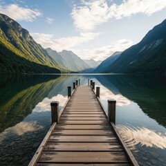 Obraz premium Wooden pier extends into tranquil lake surrounded by mountains and sky scenery