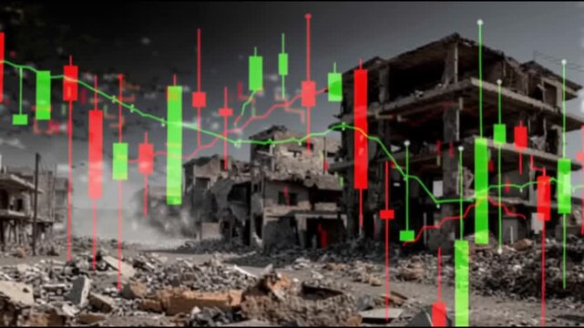 Capital war financial conflict. Investment strategy. Investment conflict. War-torn city ruins with overlaid red and green stock market candlestick charts