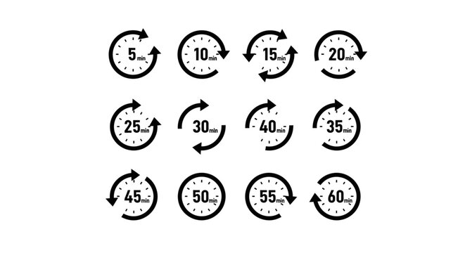 simple time duration icons showing 5 to 60 minutes ideal for digital design projects process visualization and deadline reminders