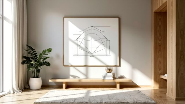 A minimalist living room with line drafts and hanging paintings
