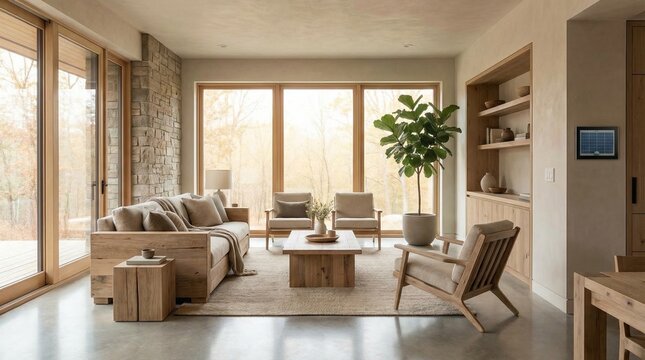 Minimalist living room interior features contemporary wooden furniture, large windows overlooking nature, and a tall potted fiddle leaf fig tree.