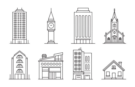 Line art architectural building illustrations church clock tower modern skyscraper old warehouse flat and pitched roof houses urban landscape