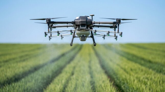 Large Agricultural Drone Spraying Fertilizer Over Green Crop Field