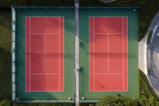 Aerial top down view of two red tennis courts with green surrounds and clear white court lines in a symmetrical fenced layout