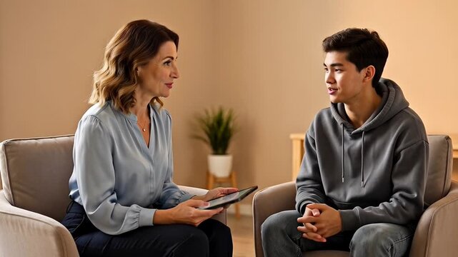 ?Mother and son engaged in serious conversation on sofa with tablet