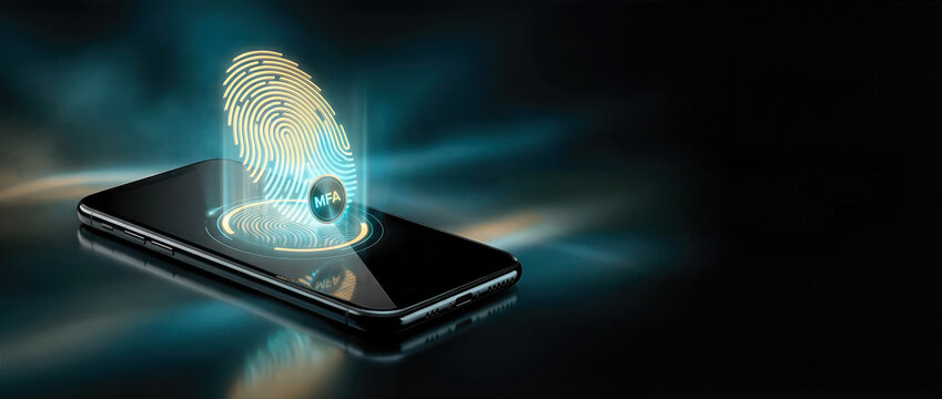 Black smartphone with holographic biometric fingerprint and MFA badge. Luminous gold and cyan multi-factor authentication concept on a dark reflective surface