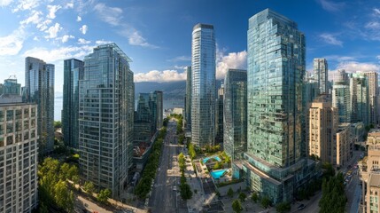 Fototapeta premium An urban panorama depicts high-rise buildings along a wide street, overlooking a body of water under a sunny sky