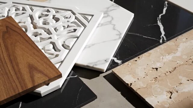 Assorted Marble and Wood Samples Display.