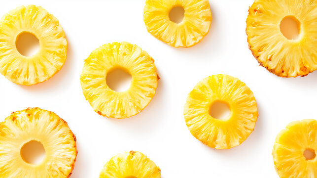 Top view of fresh pineapple rings pattern isolated on white background