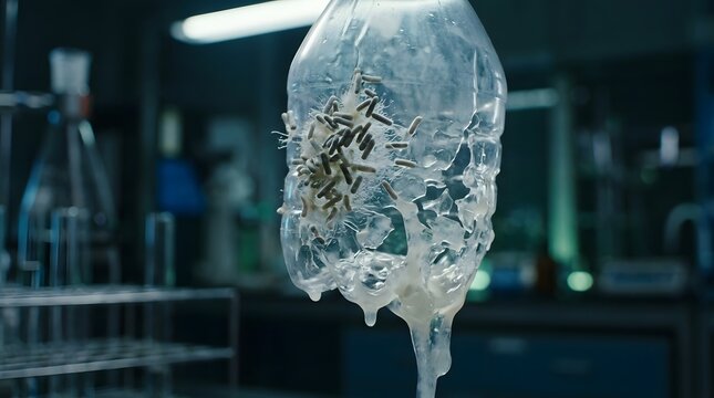 Microscopic bacteria consuming plastic material on a clear bottle during a complex laboratory degradation experiment
