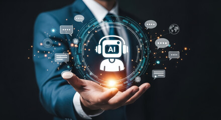 Fototapeta premium Businessman showcases holographic AI chatbot for digital communication