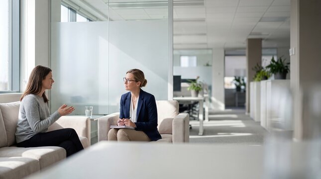 Two Professional Women Having a Business Meeting in a Modern Corporate Office