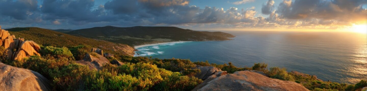 Coastal headland sunset view with golden light over bays and scrubby green vegetation facing calm ocean horizon