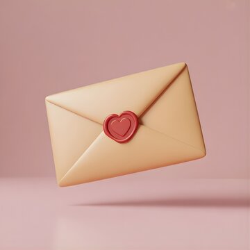 Flying Beige Envelope with Red Heart Seal on Pink Background