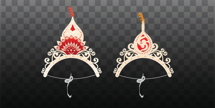 Bengali Wedding Bridal Mukut Vector Illustration - Traditional Shola Art Topor Crown for Bangla Bride Isolated