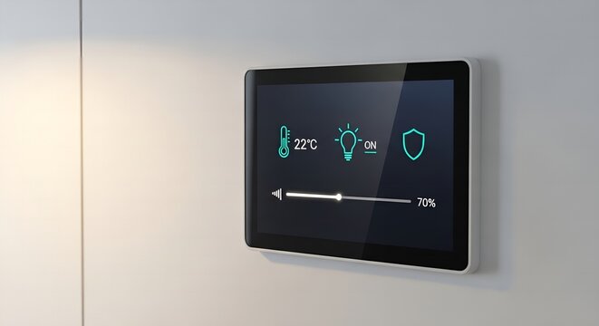 Modern smart home control panel with touchscreen interface on wall