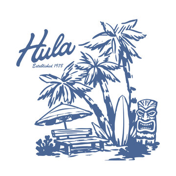 Hula Tropical Beach Island Scene with Tiki and Surfboard