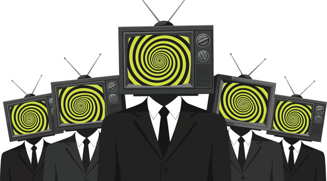 Men in suits with television heads and spiral screens