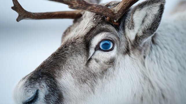 Close-up portrait of reindeer with blue eye in snowy Arctic landscape, showing fur texture, antlers detail, wildlife animal in winter nature, Scandinavian wilderness, cold environment, natural habitat