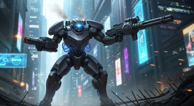 Combat robot with minigun weapon in city street. Futuristic armored machine standing in ruined metropolis. Sci-fi warfare concept, advanced military technology and robotic soldier.