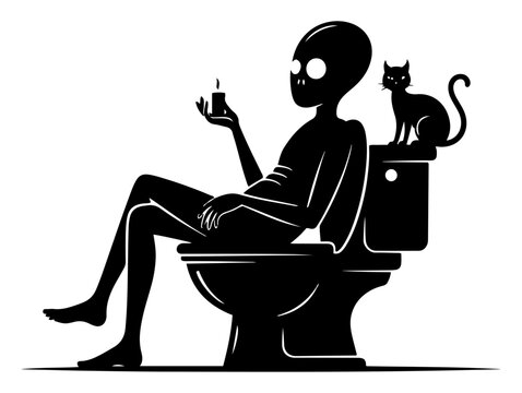 Alien sitting on toilet seat with black cat and holding cup in minimalist graphic style