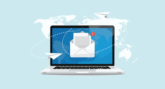 Global email communication concept featuring a laptop computer with a large white envelope and a world map in the background.