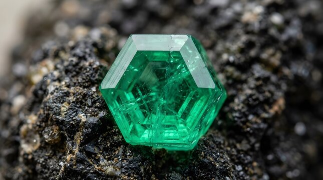 Striking hexagonal cut natural emerald gemstone displaying vibrant green color resting on dark mineral matrix rock