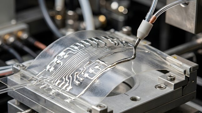 Advanced precision instrument actively depositing intricate conductive patterns onto a flexible microfluidic device for innovative scientific research and engineering.