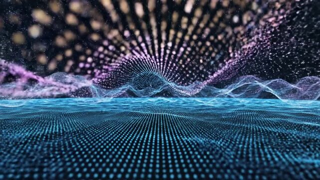 Abstract digital landscape with data points and waves.