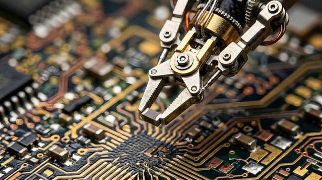 A miniature robotic gripper arm precisely places a tiny electronic component onto a complex, gold-accented printed circuit board.