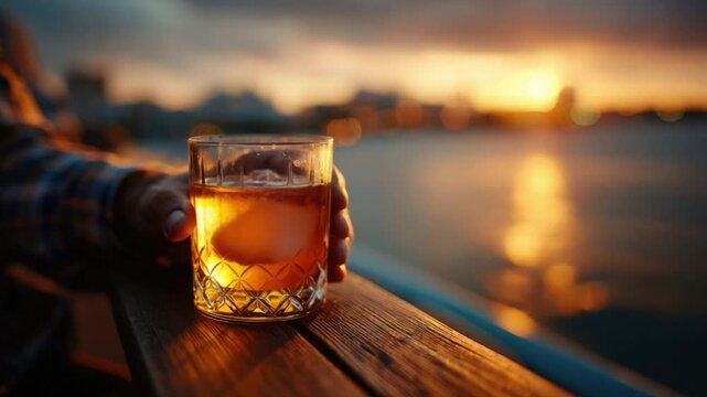 Sunset Sip: A close-up view captures a hand holding a chilled glass of amber liquid, possibly whiskey or a similar drink, as the last rays of sunset cast a golden glow.