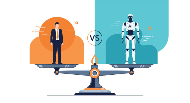 Comparison between human intelligence and artificial intelligence with a scale balancing a businessman and a white futuristic robot.