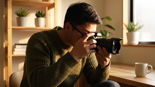 Photographer takes photo using digital camera near window. Man holds camera looking through lens. Professional photographer focuses on picture. Creative man shooting photo with warm sunlight.