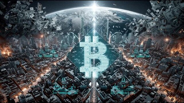 Capital war financial conflict. Global disruption. Investment strategy. Competitive dominance. Futuristic cityscape with glowing Bitcoin symbol and Earth in the background