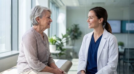 Obraz premium Smiling Female Doctor Talking to Senior Patient in Bright Medical Office