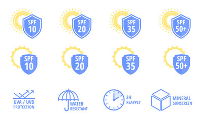 Fototapeta premium Sunscreen spf protection level icons set with shields and sun symbols showing uva uvb water resistant mineral sunscreen reapply time indicators flat vector illustration
