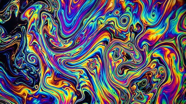 Vivid iridescent colors swirl in mesmerizing abstract patterns creating a psychedelic background texture composition